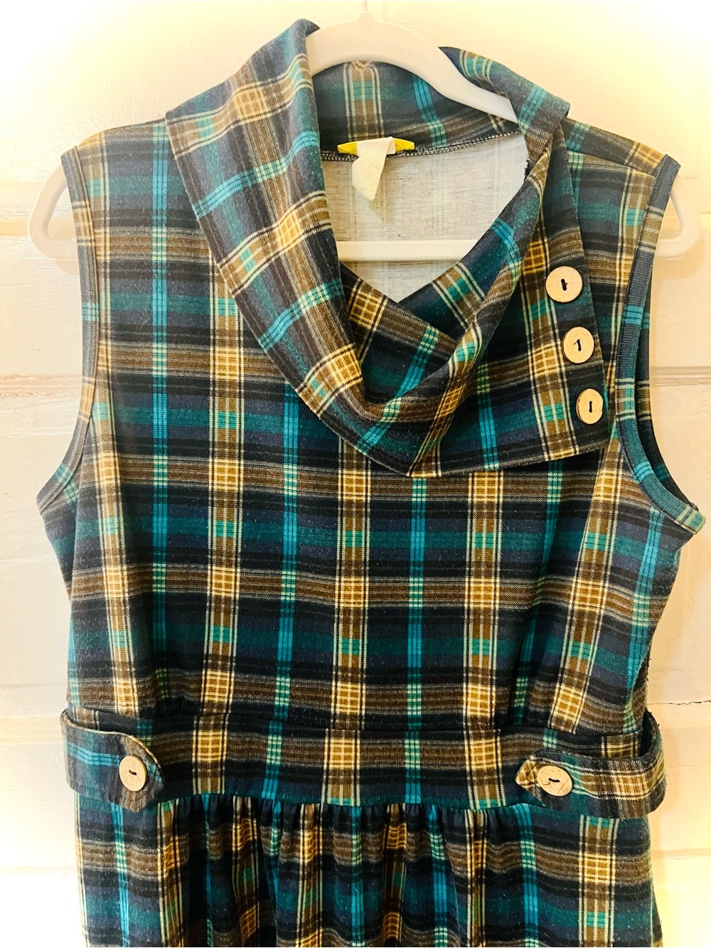 ModCloth “Coach Tour” Plaid Sleeveless Cowl Neck Dress with Pockets!